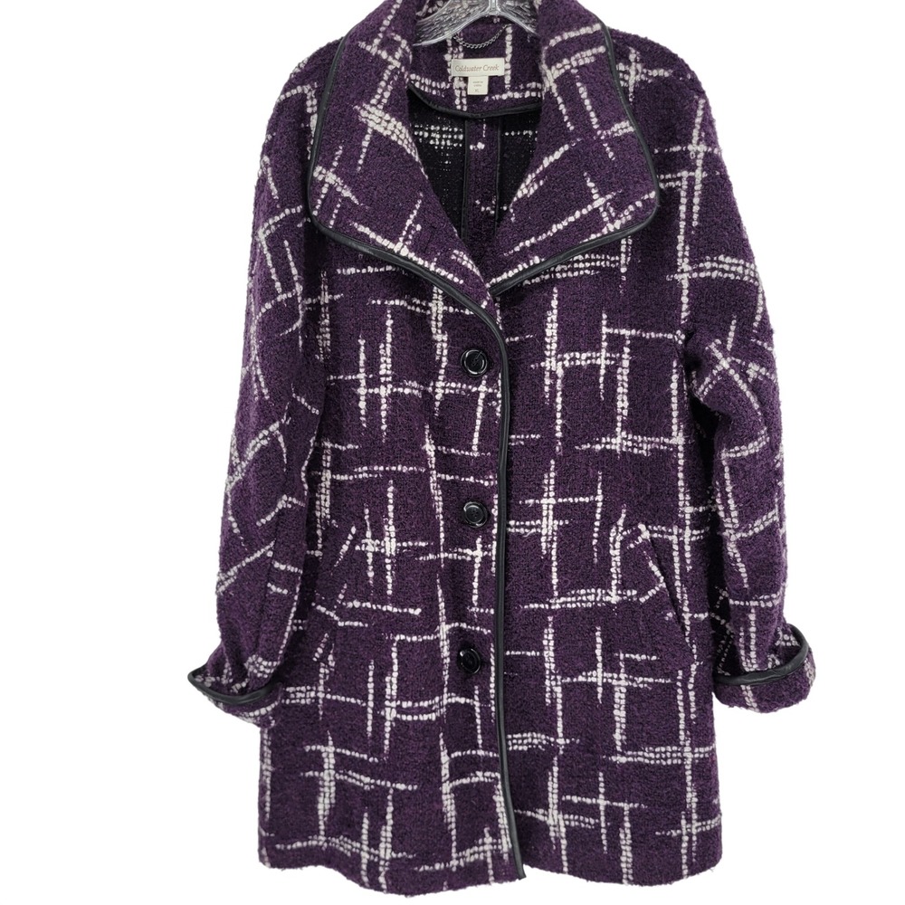 Coldwater Creek Purple Plaid Boucle Coat XL Funnel Neck Button Front Textured - Picture 2 of 7
